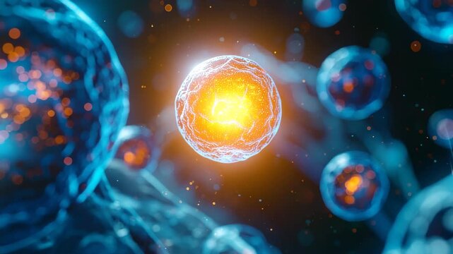 Cellular Radiance: An intricate depiction of a luminous cell at the core, emanating energy within a network of surrounding cells, representing life's fundamental essence and science.
