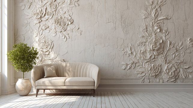Elegant living room interior with floral wall decor, sofa and plant