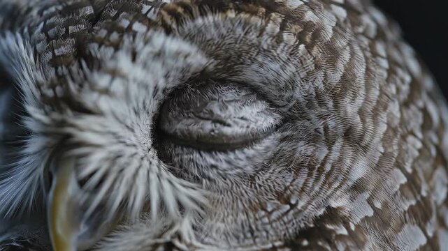Close-up of an owl's textured feathers and piercing eye in grayscale detail.