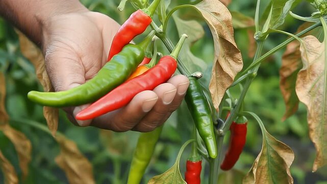 Close-up of a hand harvesting fresh red and green chili peppers from a vibrant plant in a garden.