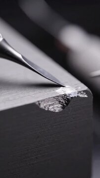 Close-up of a chisel carving into a dark, textured block, showing edges and detail