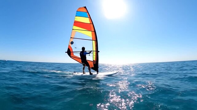 Windsurfer riding a wave on a sunny day with a colorful sail.