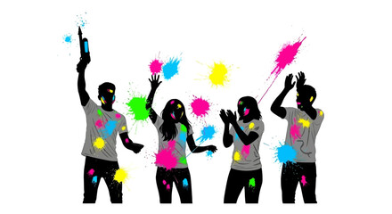 Silhouettes of people celebrating Holi with colorful paint splashes, enjoying a vibrant festival.