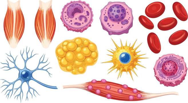 Comprehensive Collection of Human Biological Cells and Tissues Including Blood Cells, Neurons, Muscle Fibers, and Fat Cells in CAD Drawing Flat Vector Illustration
