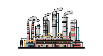 Obraz premium Industrial factory with smoking chimneys and complex pipe systems.