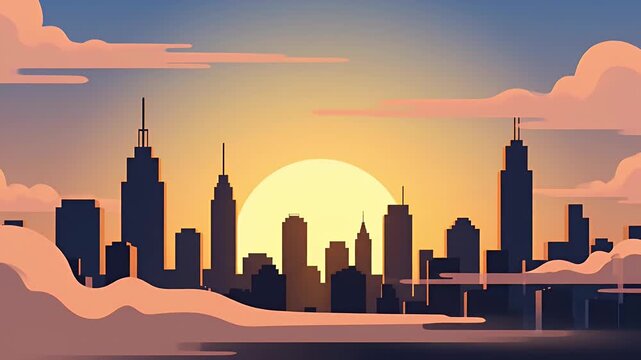 Flat design city skyline silhouette at vibrant dusk