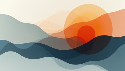 Abstract Mountain Landscape At Sunset With Orange Sun Over Blue Hues