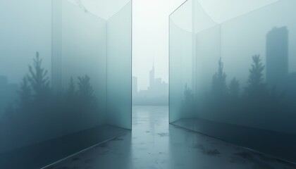 Misty Cityscape Through Reflective Walls With Silhouetted Evergreen Trees And Distant Buildings