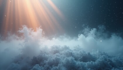 Dreamy Ethereal Landscape with Glowing Sunbeams Filtering Through Wispy Clouds Over Sparkling Glittering Surface