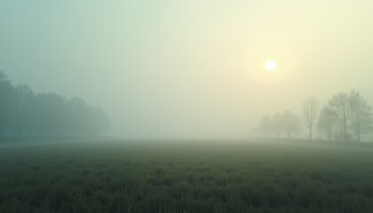 Misty Dawn Over a Green Field with Silhouetted Trees and Sun Breaking Through Haze