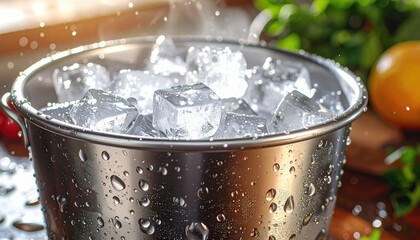 Ice Cubes with Water Droplets in Metal Bucket on Wooden Table