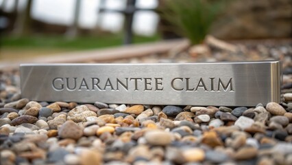 Modern Metal Sign Displaying Guarantee Claim on Pebble Ground