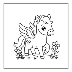 Fototapeta premium Cute Pegasus Pony with Wings Line Art Illustration