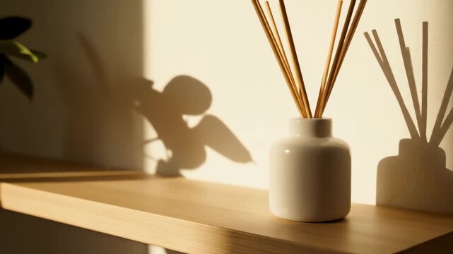 Minimalist home decor featuring a white reed diffuser casting shadows on a simple shelf, illuminated by natural window light. 4k resolution video 30fps.