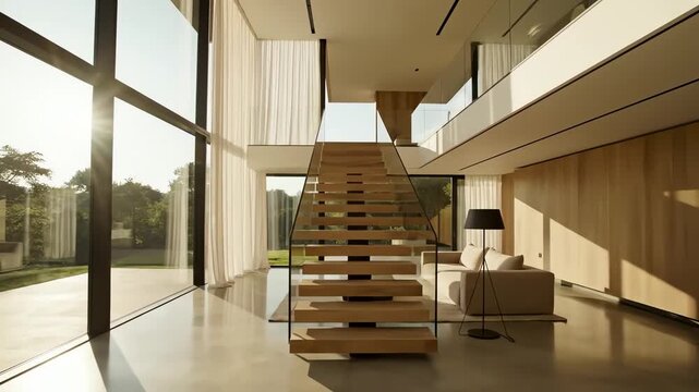 Minimalist double floor home interior with wide windows, sunlight and staircase leading to upper level. 4k resolution video 30fps.