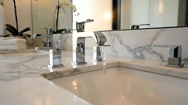 Modern bathroom vanity with chrome faucets and white cabinets showing elegance and luxury. 4k resolution video 30fps.
