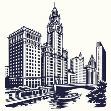 Illustrated cityscape by the river