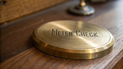 Vintage Brass Meter Check Plate on Wooden Surface Close-up