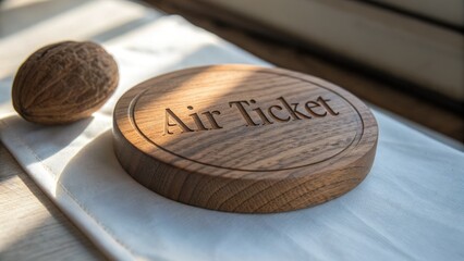 Wooden Air Ticket Plaque on Table with Nut and Sunlight Background