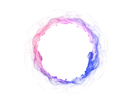 Abstract neon energy ring with glowing blue and pink smoke texture isolated on white background, realistic magic portal swirl for gaming assets, ethereal light effect, and futuristic frame mockup