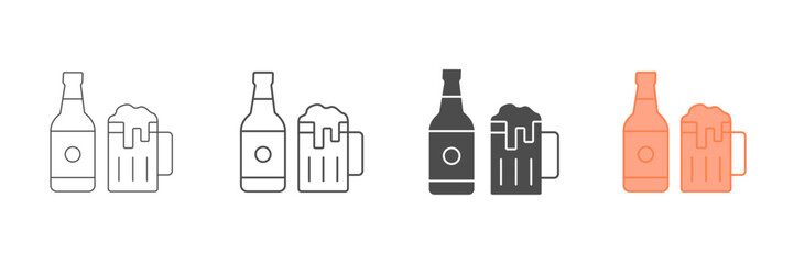 Set of minimalist beer bottle and mug icons with transparent background, depicting alcoholic beverages for bars, pubs, holidays, and celebrations, vector illustration