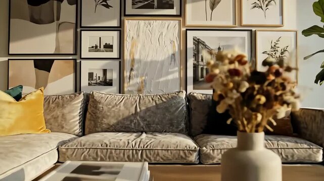 Modern living room interior with sofa and gallery wall displaying art prints. 4k resolution video 30fps.