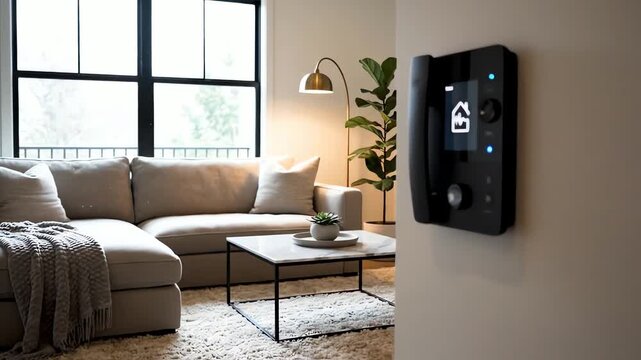 Modern living room with smart home security intercom camera, cozy and minimalist interior concept. 4k resolution video 30fps.