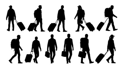 Obraz premium Passenger and Tourist Walking Silhouette Vector Set – Travel People Illustration Design