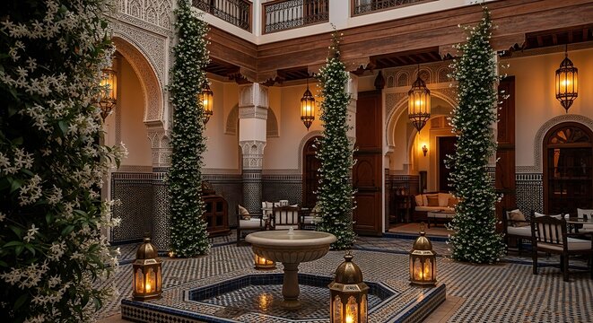 Luxurious Traditional Moroccan Courtyard at Night with Central Fountain Glowing Lanterns and Lush Tall Greenery
