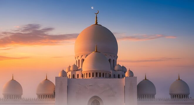 Majestic White Domes of Sheikh Zayed Grand Mosque in Abu Dhabi at Sunset with Dramatic Golden Hour Sunlight
