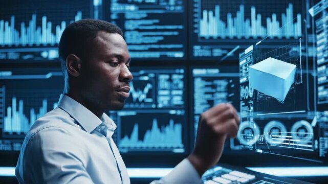 Man interacting with futuristic data visualization on transparent screen in front of multiple computer monitors
