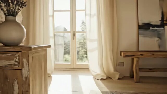oho French country inspired bedroom interior with rustic decor and soft, modern touches. 4k resolution video 30fps.