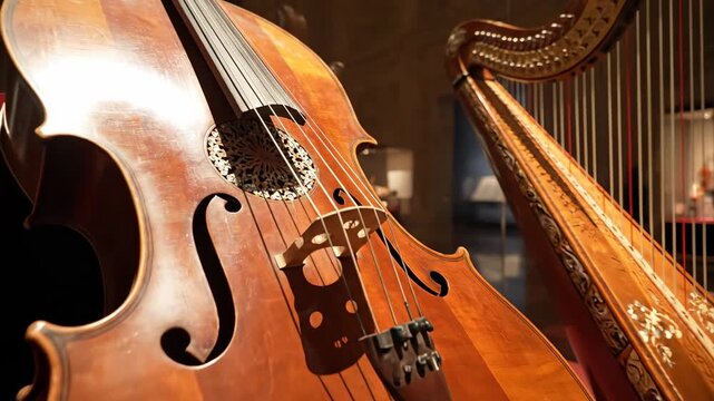 Musical Instruments on Display - Violin and Harp in Museum.