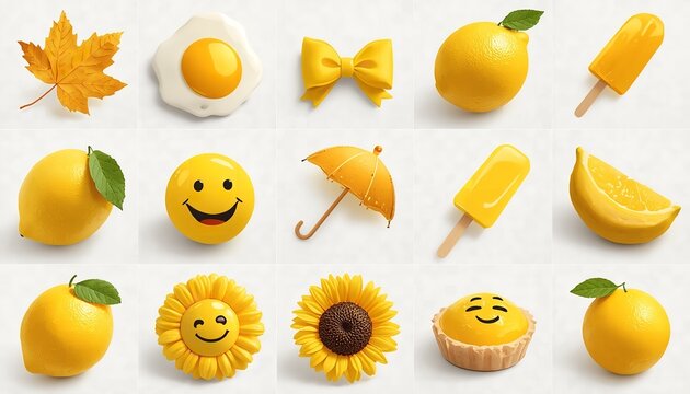 A vibrant collection of yellow objects arranged on a clean white background
