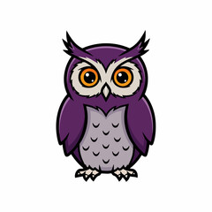 Obraz premium Cartoon Purple Owl with Big Orange Eyes and Feathered Horns Illustration.