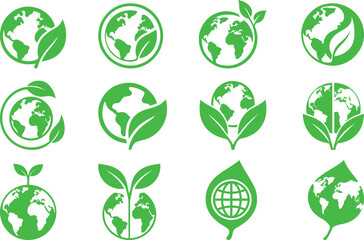 Green world earth leaf ecology icons set Eco world bundle for environmental sustainability design