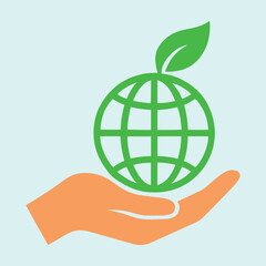 Hand holding green globe with leaf symbol for global environmental sustainability concept
