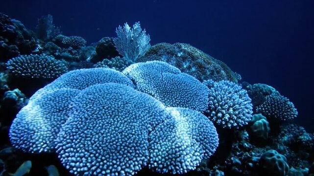 Vibrant coral reef ecosystem thriving in the deep blue ocean waters, viewed from a close-up underwater perspective.