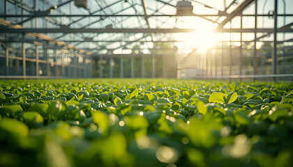 Rows of vibrant green seedlings thriving under the warm glow of the sun in a modern, expansive greenhouse facility