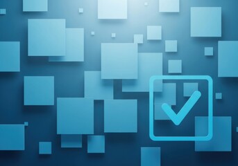 Fototapeta premium Blue background with various sized squares and a checkmark icon