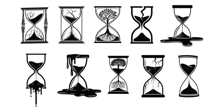 Collection of artistic hourglass silhouettes showing time passing with creative liquid, sand, and nature concepts. Abstract black and white timer illustrations ideal for symbolism, posters, background