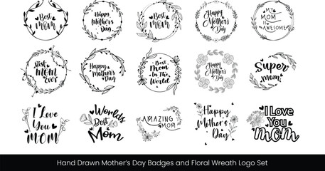 Obraz premium Mother's Day Vector Badges Floral Wreaths Hand Drawn Mom Appreciation Icons