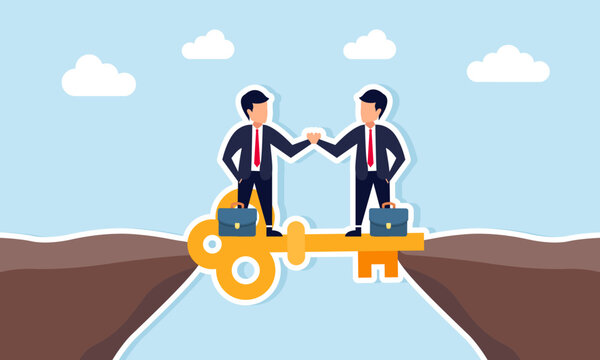 Businessmen shaking hands above a key connecting two cliffs illustrating collaborative agreement and winwin business solution