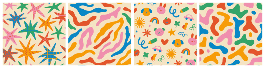 Fototapeta premium Set of colorful funny seamless pattern for children or maximalist background. Multi color creative hand drawn doodle toy texture, organic animal print illustration, celebration star design drawing.