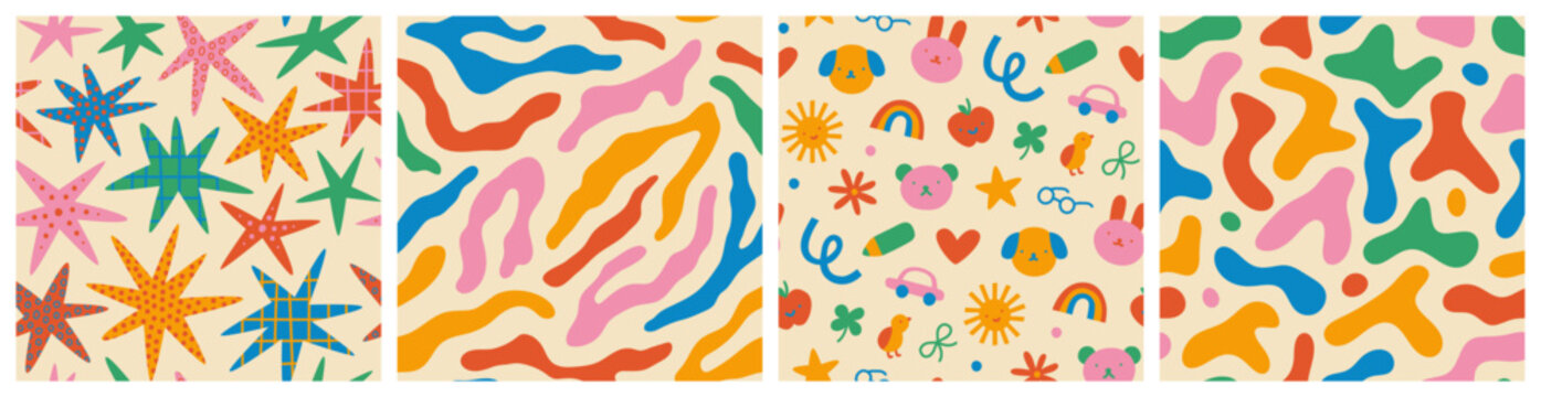 Set of colorful funny seamless pattern for children or maximalist background. Multi color creative hand drawn doodle toy texture, organic animal print illustration, celebration star design drawing.
