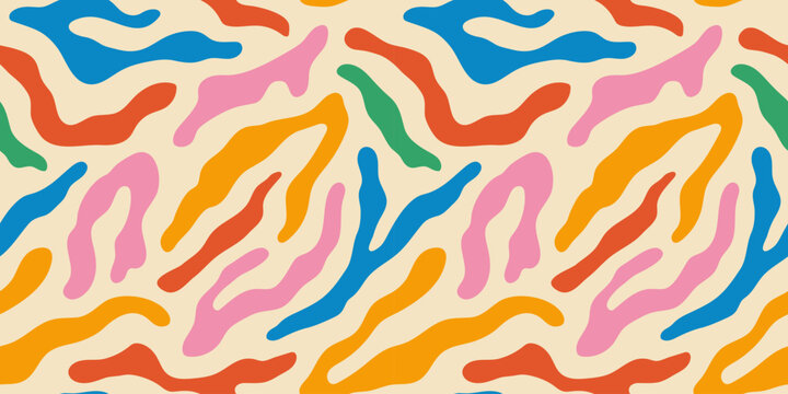 Colorful animal print style seamless pattern. Hand drawn multi color organic stripe background illustration. Zebra stripes wallpaper art texture, fun creative leopard fur cartoon repeat design.