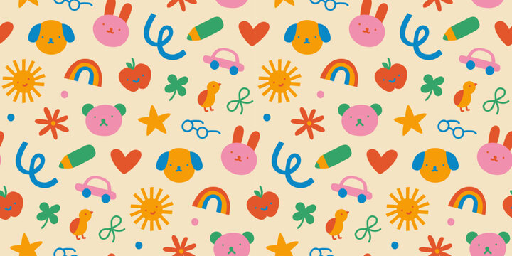 Colorful funny children doodle icon seamless pattern. Cute happy kid drawing symbol wallpaper print, diverse education concept background illustration texture.
