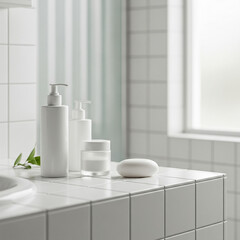 Fototapeta premium White cosmetic bottles and soap bar on tiled bathroom counter for luxury skincare branding.