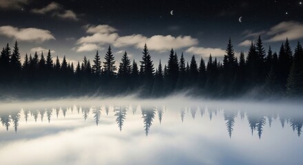 Fototapeta premium A serene nocturnal lakeside landscape bathed in ethereal moonlight reflecting off calm waters amidst a tranquil forest of towering evergreens under a star-studded sky