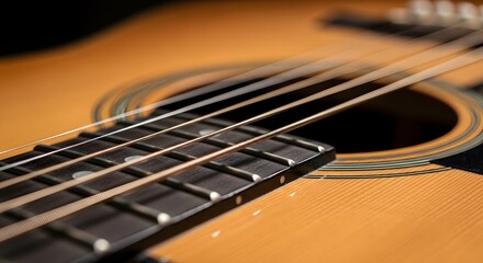 Fototapeta premium Close up of acoustic guitar strings and fretboard